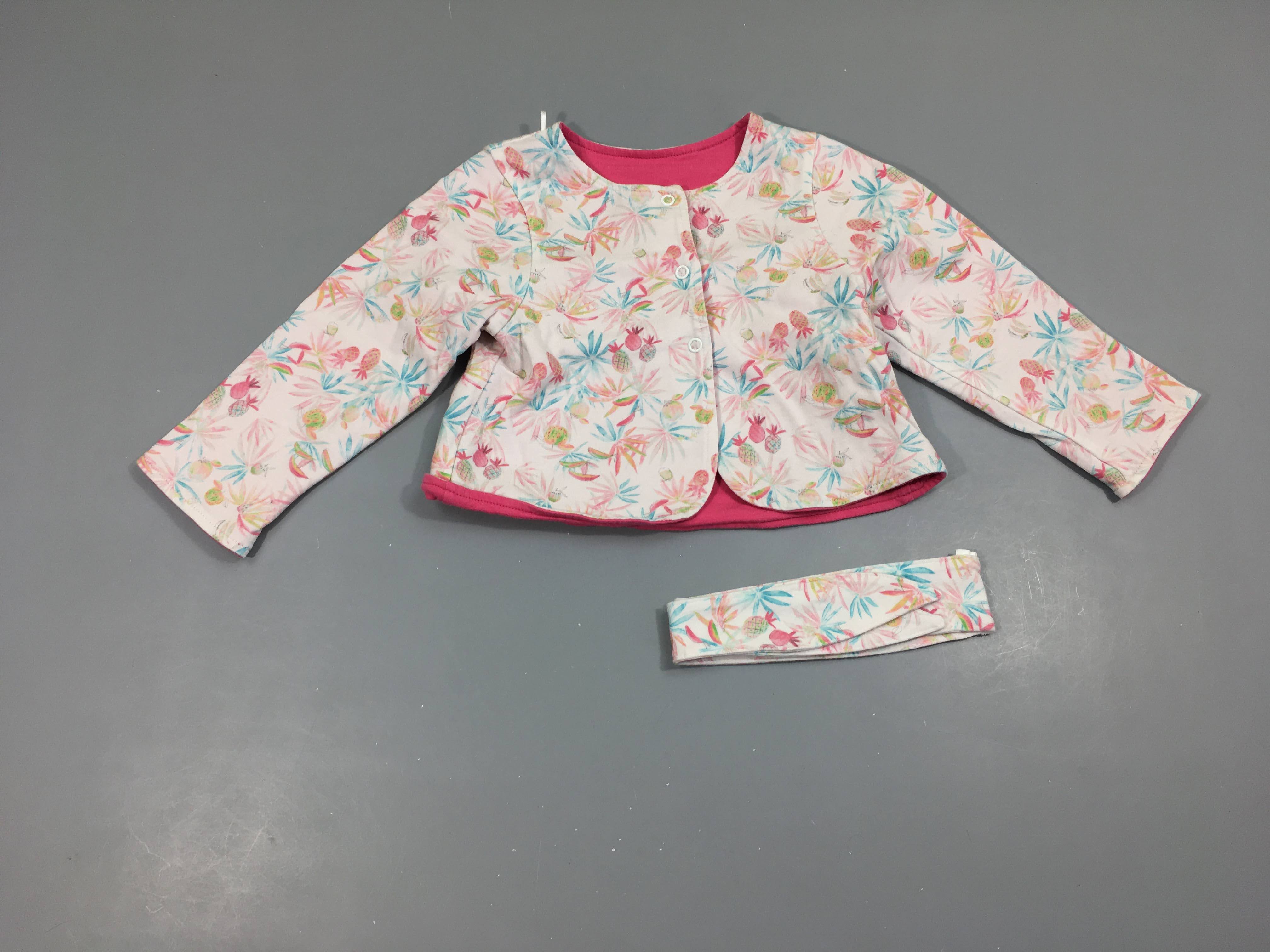 Sweat boutonné réversible blanc feuillage rose-bleu/fuchsia + Bandeau