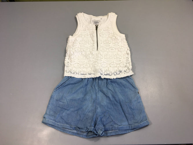 Combishort bi-matière, broderies blanches et denim, moins cher chez Petit Kiwi
