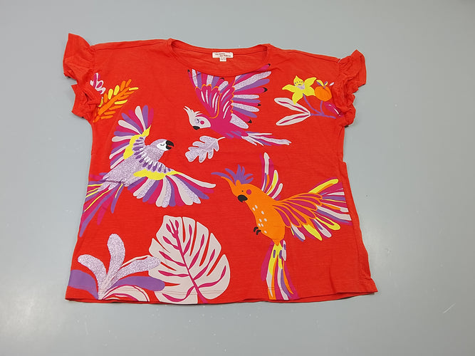 T-shirt m.c rouge orangé , oiseaux colorés, pailletés, moins cher chez Petit Kiwi