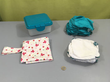11 lingettes lavables blanches bambou/velours + 22 bleues + boite, Kit Cheeky