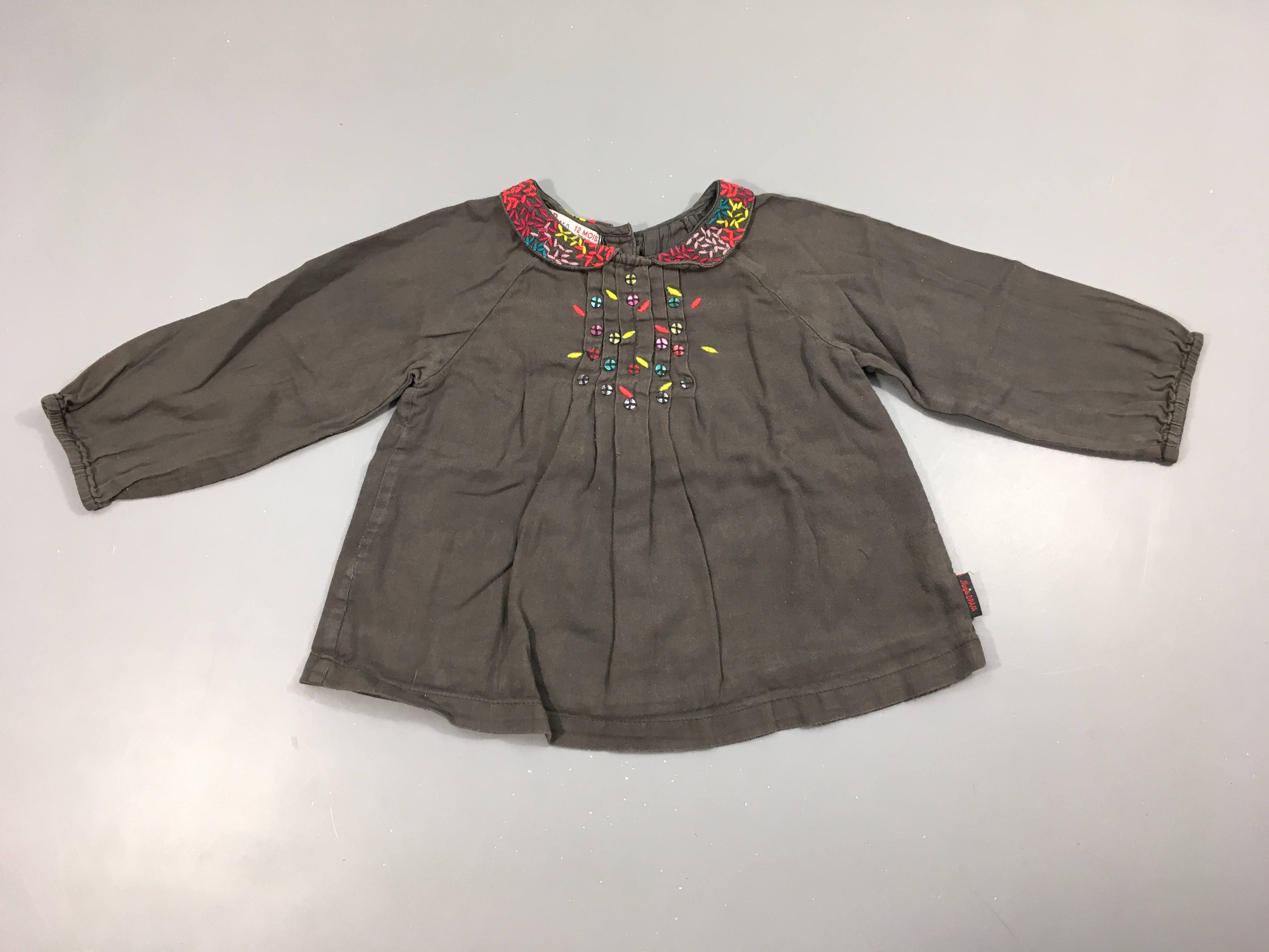 T-shirt m.l gris col brodés traitscouleur