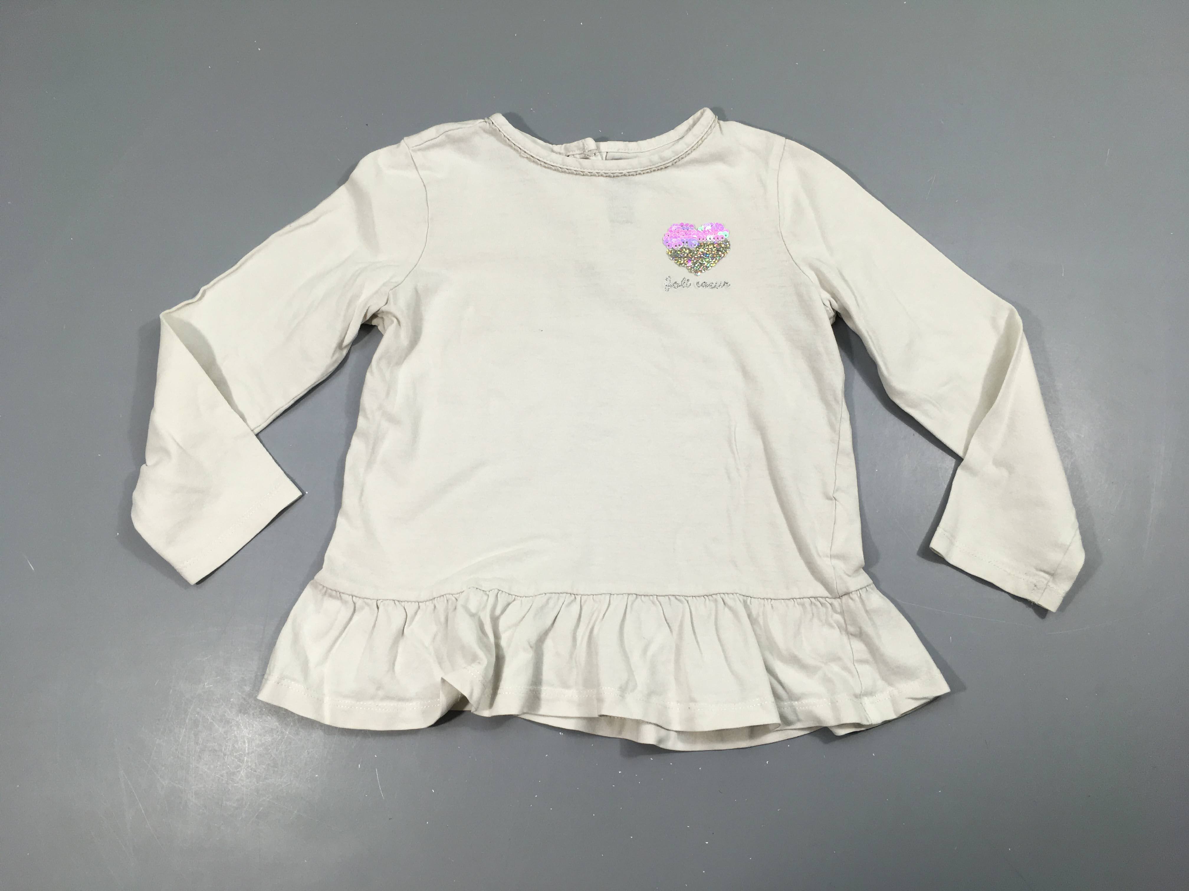 T-shirt m.l blanc grisé coeur sequins