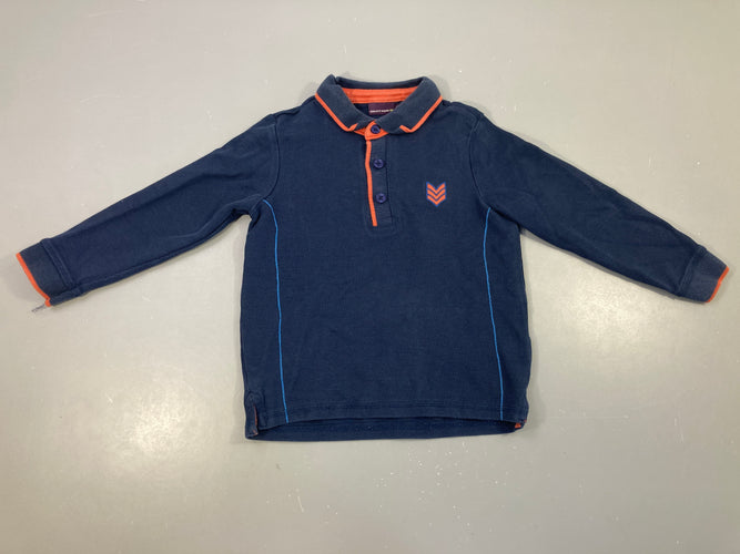 Polo côtelé bleu foncé bords orangés, moins cher chez Petit Kiwi