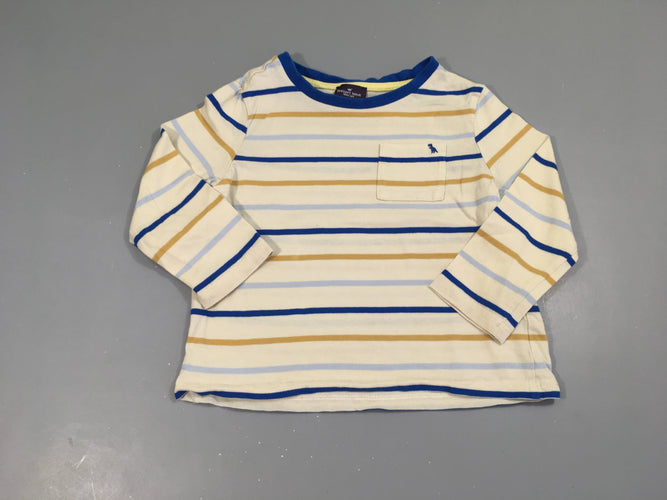 T-shirt m.l écru rayé bleu-ocre Poche dino, moins cher chez Petit Kiwi