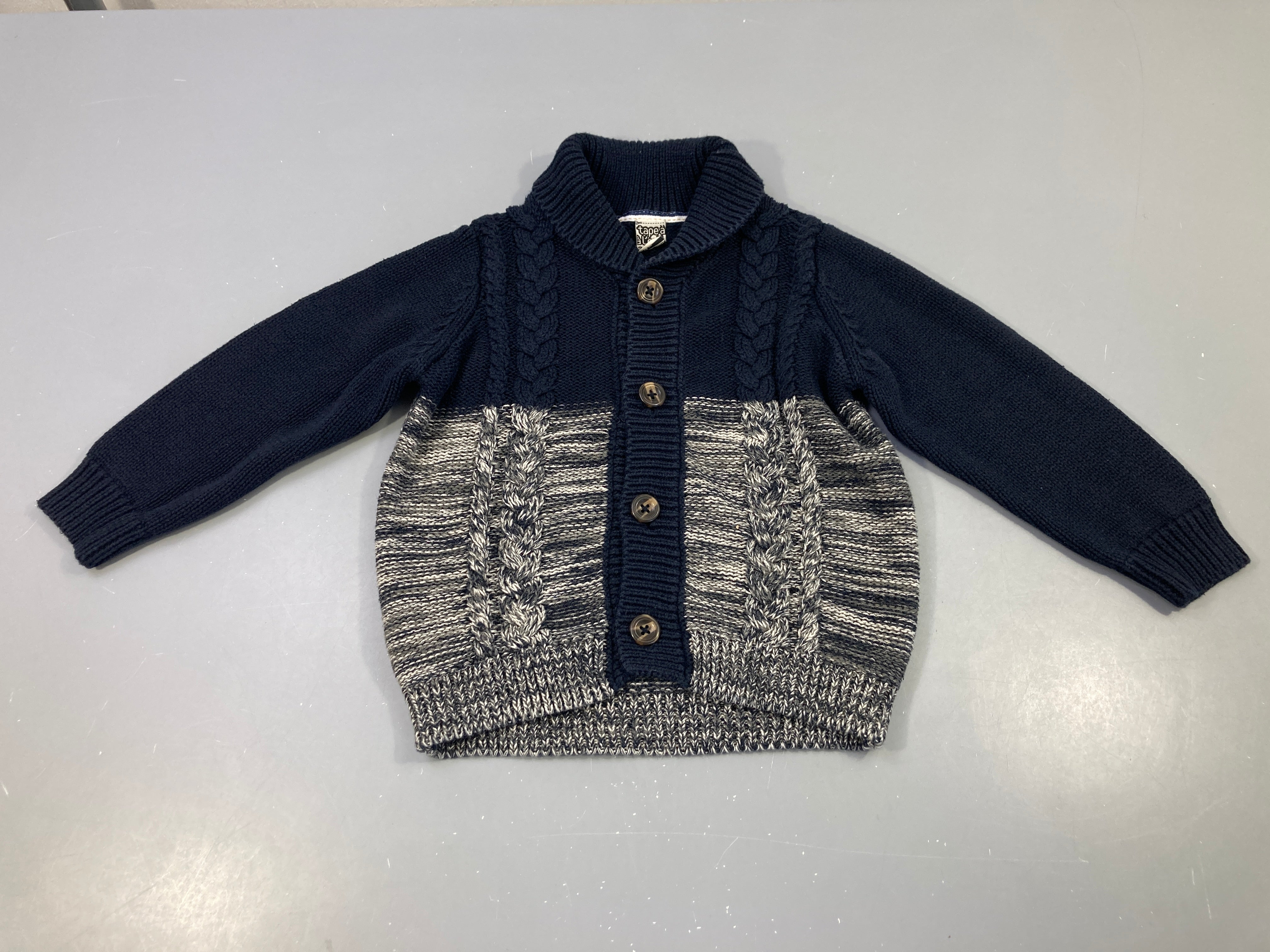 Gilet maille bleu-gris col châle