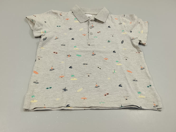 Polo m.c Eden et Victor gris chiné motifs lunettes de soleil, palmiers, surf,..., moins cher chez Petit Kiwi