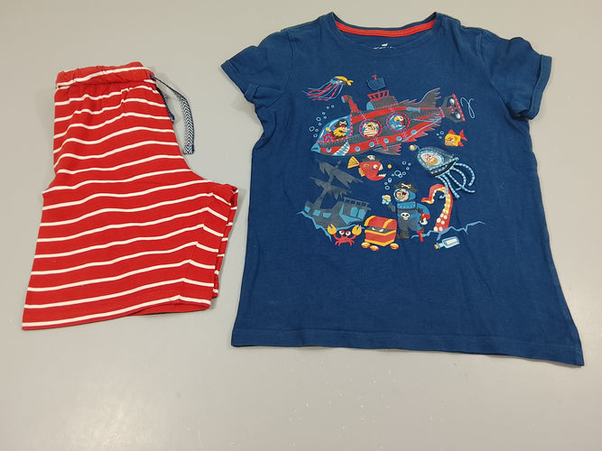 Pyjashort 2pcs jersey, dessus bleu marine, sous-marin, dessous rouge rayé blanc, moins cher chez Petit Kiwi