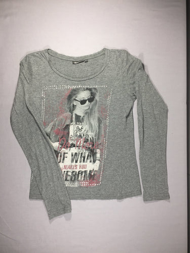 T-shirt m.l gris flammé impressions encadrée par des strass - coutures tournées, moins cher chez Petit Kiwi
