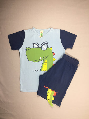DENO Kids - T-shirt m.c et short - bleu clair et bleu foncé - crocodile à lunettes, moins cher chez Petit Kiwi