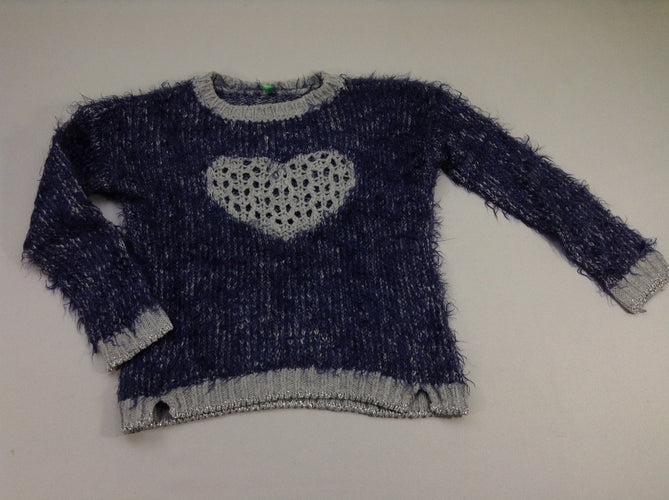 Pull duveteux bleu/gris coeur crochet, moins cher chez Petit Kiwi