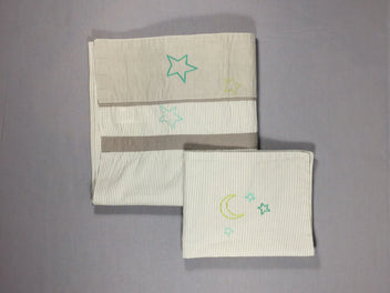 1 drap simple ligné blanc et gris avec étoiles brodées 82cmx104cm + 1 taie 40x32