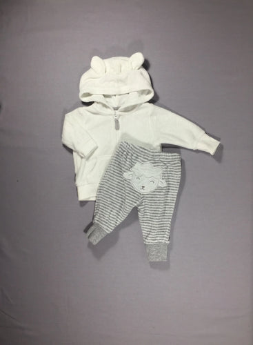 Gilet zippé éponge blanc à capuche - pantalon ligné gris avec mouton sur l'arrière, moins cher chez Petit Kiwi