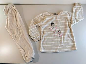 Pyjama 2pcs velours beige dessus rayé blanc avec ballerine et lapine