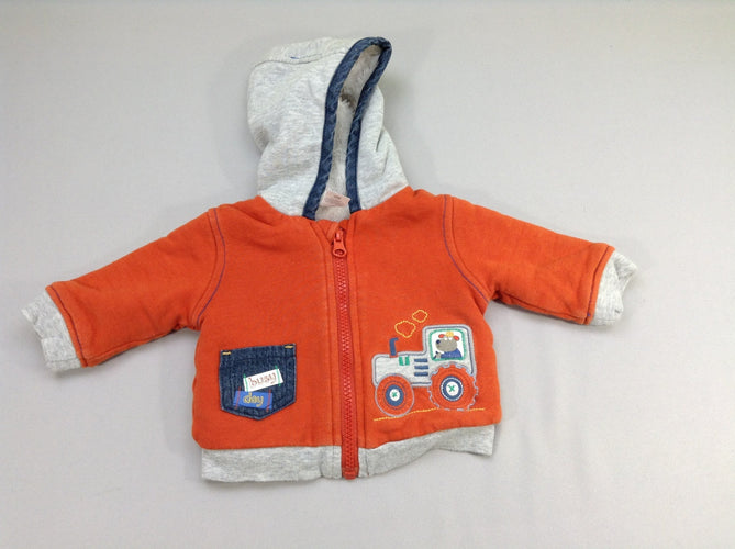 Sweat zippé à capuche orange deboulé peluche Tracteur, moins cher chez Petit Kiwi