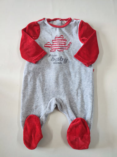 Pyjama velours gris clair manches rouges dinosaure "I love baby dino", moins cher chez Petit Kiwi