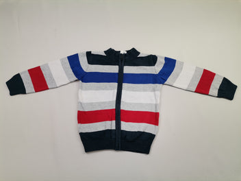 Gilet zippé rayé bleu gris blanc rouge