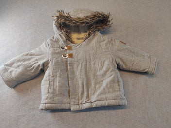 Manteau gris chiné intérieur moutonné , capuche avec fausse fourrure