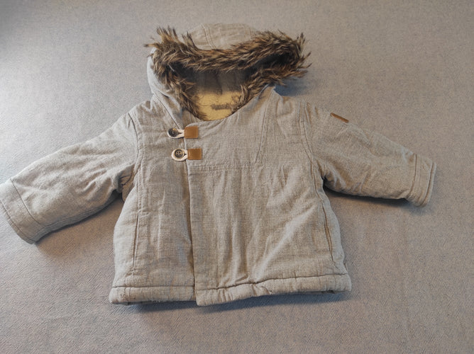 Manteau gris chiné intérieur moutonné , capuche avec fausse fourrure, moins cher chez Petit Kiwi