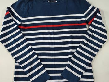 Pull fines mailles bleu marine ligné blanc/rouge, taille S