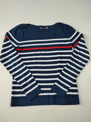 Pull fines mailles bleu marine ligné blanc/rouge, taille S, moins cher chez Petit Kiwi