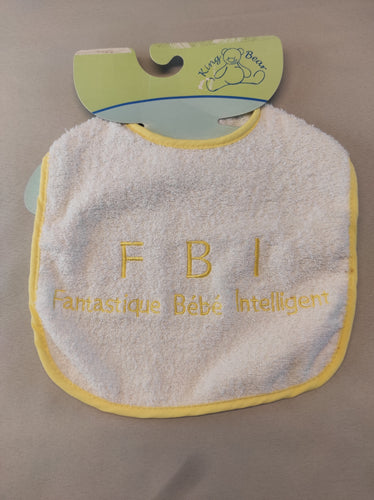 NEUF bavoir blanc Inscription jaune "FBI" attache velcro, moins cher chez Petit Kiwi