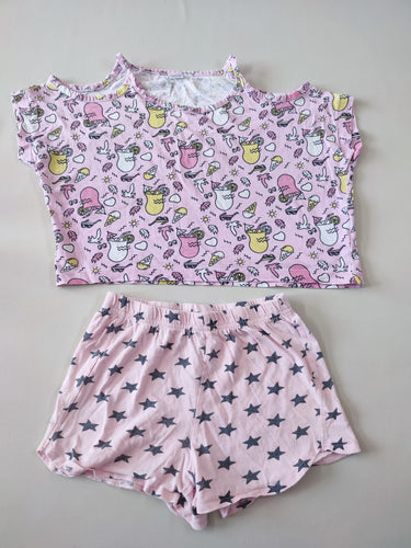 Pyjashort 2pcs jersey s.m rose motifs plage/ short rose étoiles grises, moins cher chez Petit Kiwi