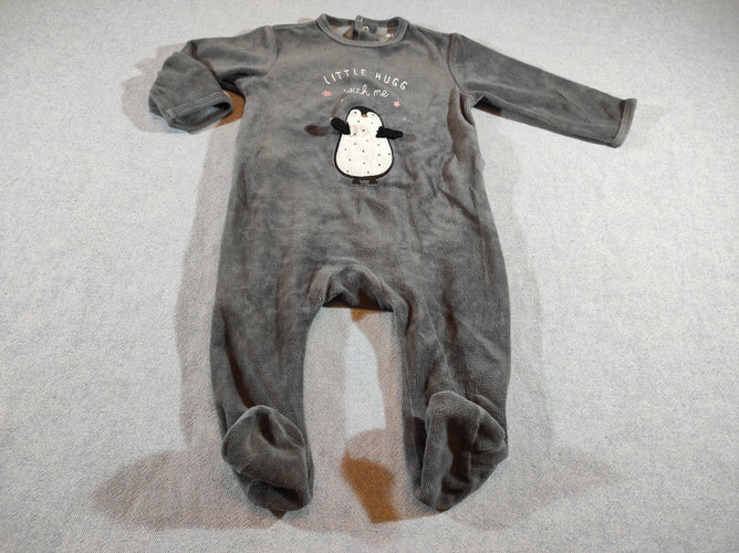 Pyjama velours gris , pingouin "Little Hugg", moins cher chez Petit Kiwi