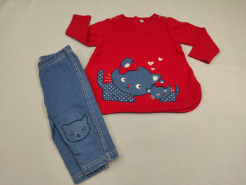 Ensemble 2pcs T-shirt m.l rouge maman chat et son bébé + jegging bleu tête de chats