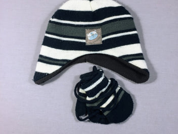 Bonnet et moufles en tricot bleu/gris/blanc