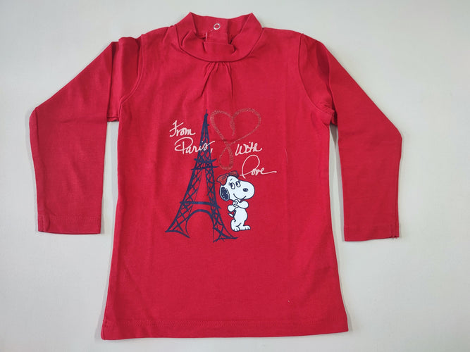 T-shirt m.l rouge col montant "From Paris with love", Snoopy, moins cher chez Petit Kiwi
