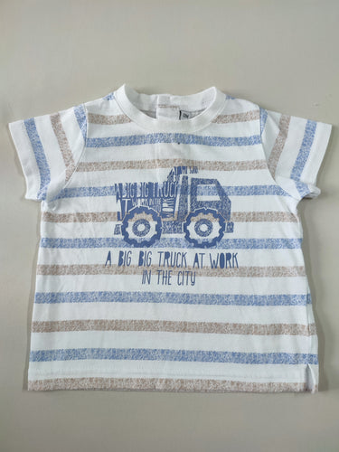 T-shirt m.c blanc ligné bleu/beige camion, moins cher chez Petit Kiwi