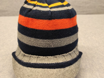 Bonnet, casquette ligné bleu marine, jaune, orange, gris pompon 47cm  12-18m
