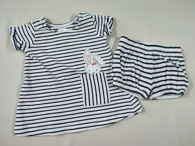 Robe m.c blanc ligné bleu marine lapin + Short jersey blanc ligné bleu marine/paillettes, moins cher chez Petit Kiwi