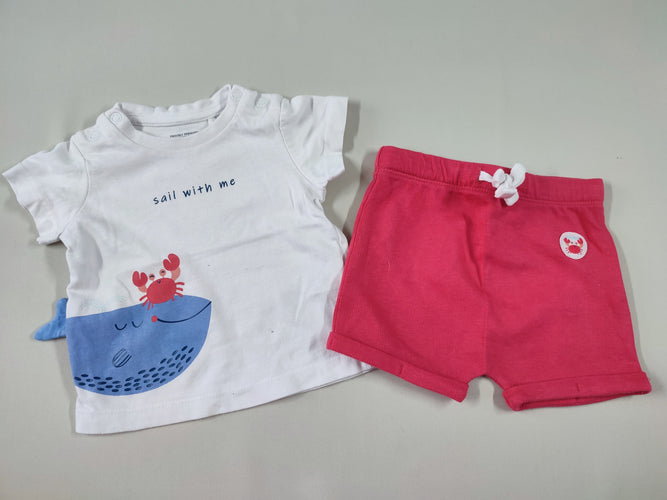 T-shirt m.c blanc baleine crabe + Short molleton rose, moins cher chez Petit Kiwi