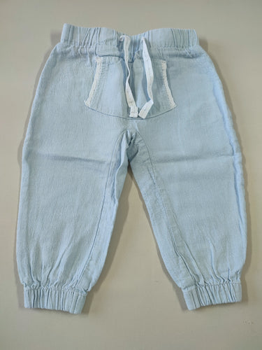 Pantalon 55% lin bleu clair taille et chevilles élastiques poche sur le devant, moins cher chez Petit Kiwi