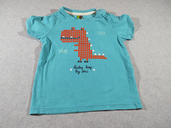 T-shirt m.c bleu, carrés orange dinosaure, 