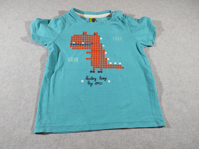 T-shirt m.c bleu, carrés orange dinosaure, "grrr"(légère tache), moins cher chez Petit Kiwi