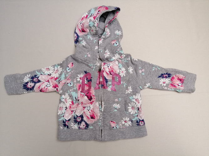Sweat zippéà capuche gris fleurs, moins cher chez Petit Kiwi