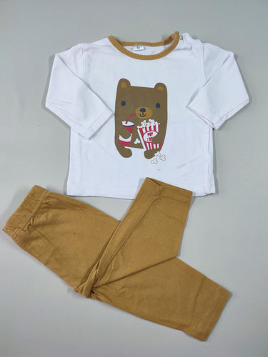 Pyjama 2pcs jersey blanc ours pop corn/pantalon brun, moins cher chez Petit Kiwi