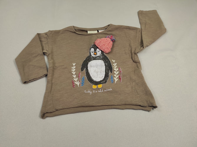T-shirt m.l brun clair flammé pingouin avec bonnet en tricot, moins cher chez Petit Kiwi