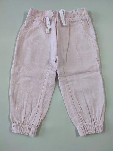Pantalon 55% lin rose clair taille et chevilles élastiques, moins cher chez Petit Kiwi