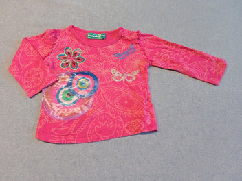 T-shirt m.l rose motifs fleurs, papillons, cercles (un peu délavé)