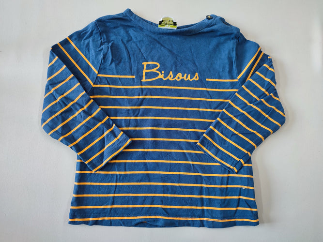 T-shirt m.l bleu foncé rayé jaubne "Bisous", moins cher chez Petit Kiwi