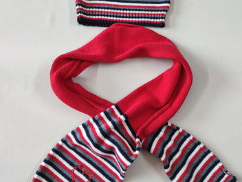 Bonnet + écharpe rouge rayé bleu marine/gris/blanc coeur en sequins (46-48 cm)