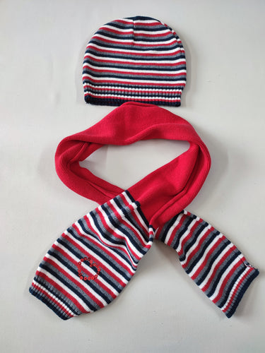 Bonnet + écharpe rouge rayé bleu marine/gris/blanc coeur en sequins (46-48 cm), moins cher chez Petit Kiwi