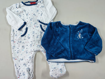 Pyjama s.m jersey doublé blanc kangourous + T-shirt m.l blanc + Gilet zippé velours doublé jersey bleu