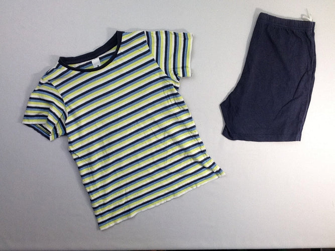 Pyjashort 2pcs jersey ru bleu marine/anis/gris, bouloché, moins cher chez Petit Kiwi