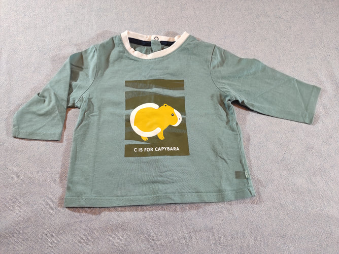 T-shirt m.l bleu rongeur jaune "c is for capybara", pressions à l'arrière, moins cher chez Petit Kiwi
