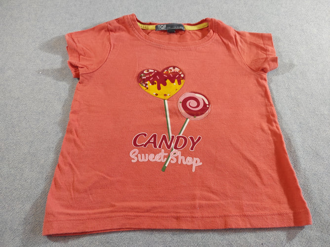 T-shirt m.c orange sucettes  coeurs  avec sequins "Candy sweet  shop", moins cher chez Petit Kiwi