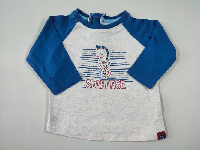 T-shirt m.l beige clair manches bleues hippocampe "Seahorse" (légèrement  bouloché), moins cher chez Petit Kiwi